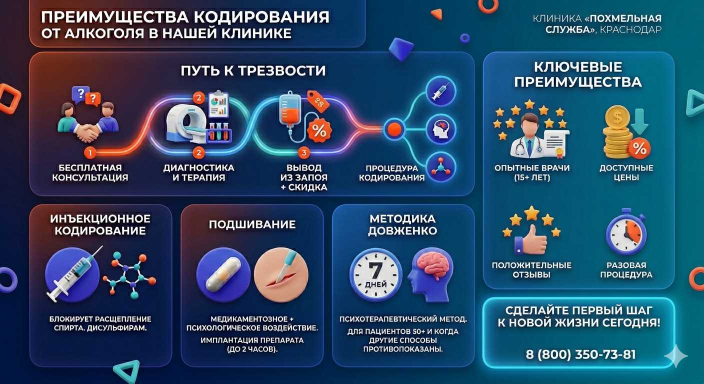 Инфографика о методах кодирования от алкоголя в Симферополе: инъекции, подшивание, метод Довженко. Преимущества клиники и этапы лечения.
