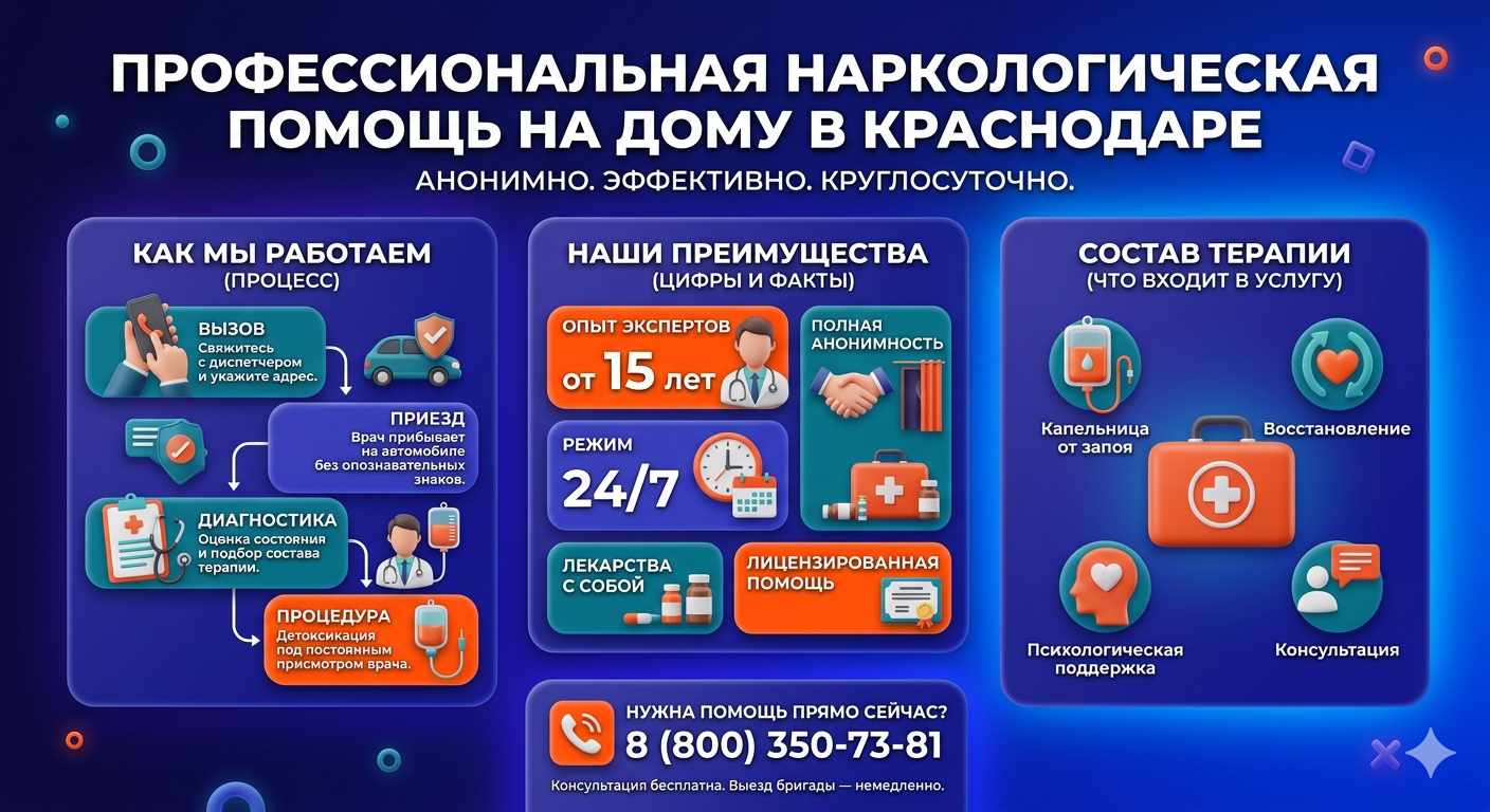 Инфографика о принципах лечения алкоголизма на дому в Симферополе: этапы вызова нарколога, преимущества анонимной детоксикации и состав медицинской помощи.